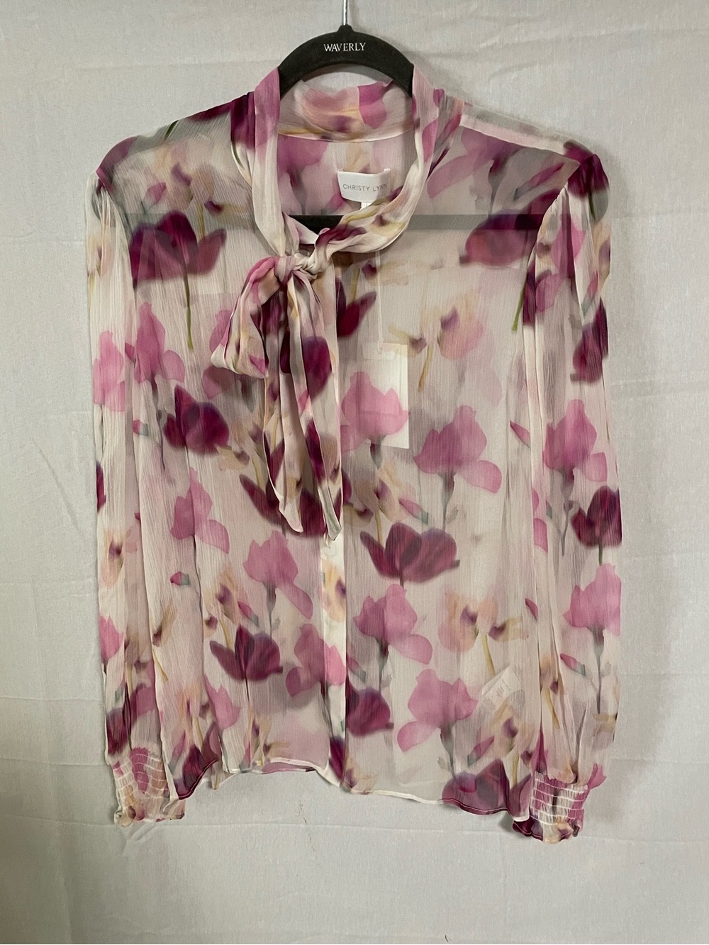 Christy Lynn Georgie Silk  Blouse in Wild Tulip Pink Floral Tie-Neck Blouse NEW